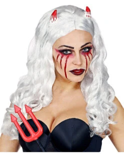 Teufelsbraut Perücke Weiß Mit Hörnern